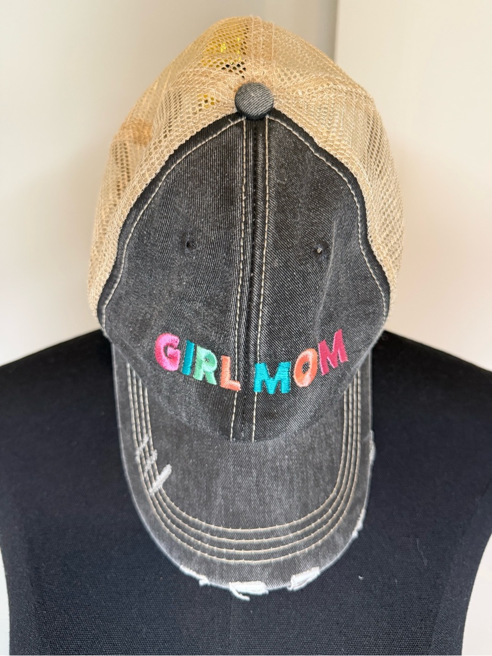 Katydid Girl Mom Embroidered Mesh Trucker Hat - Washed Black and Tan